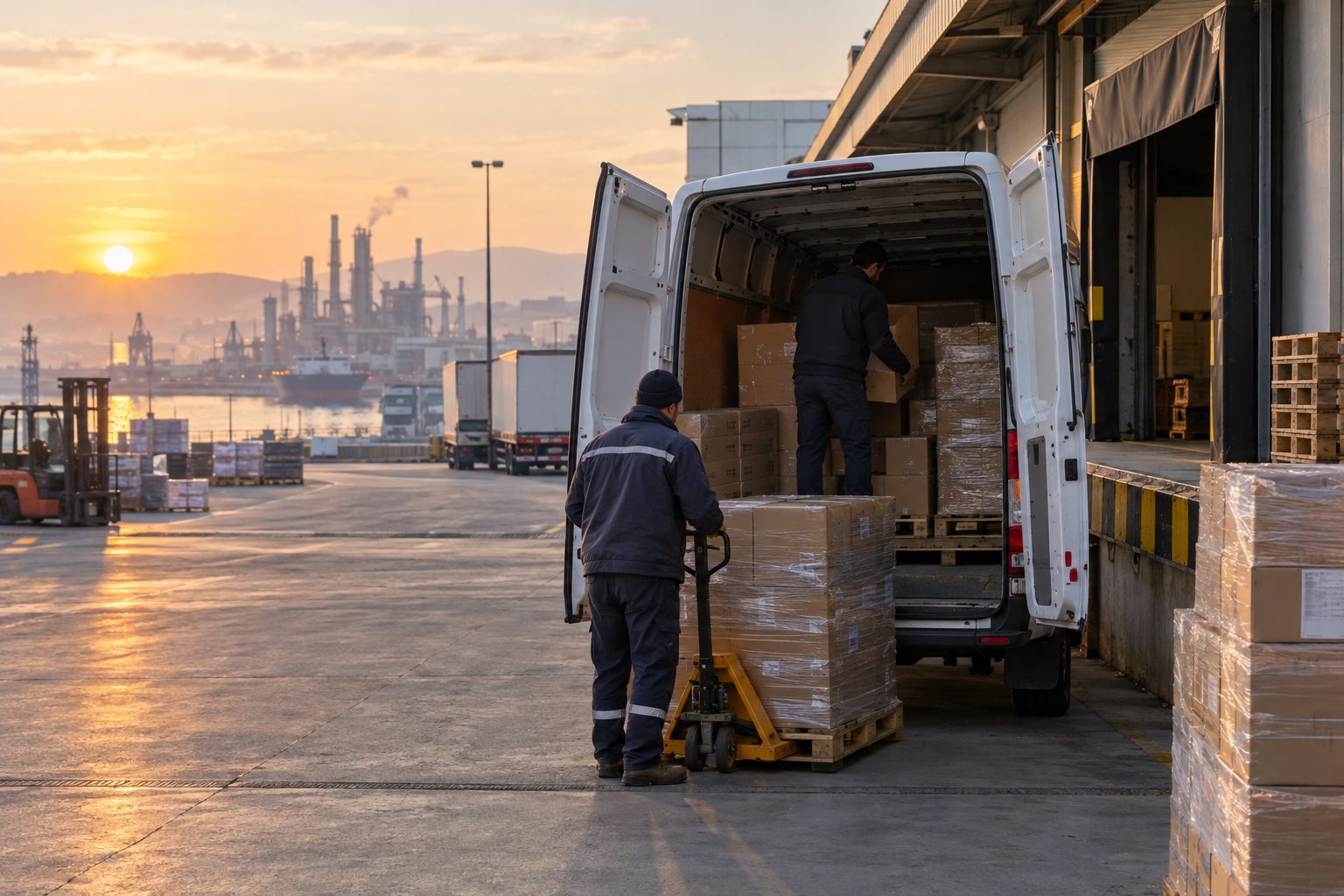 Sanayi bölgesinde kolilerin teslimat aracına yüklenmesi